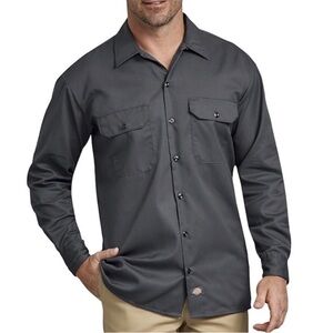 Dickies Mens Long Sleeve Flap Chest Pockets Button Down Gray Work Shirt L